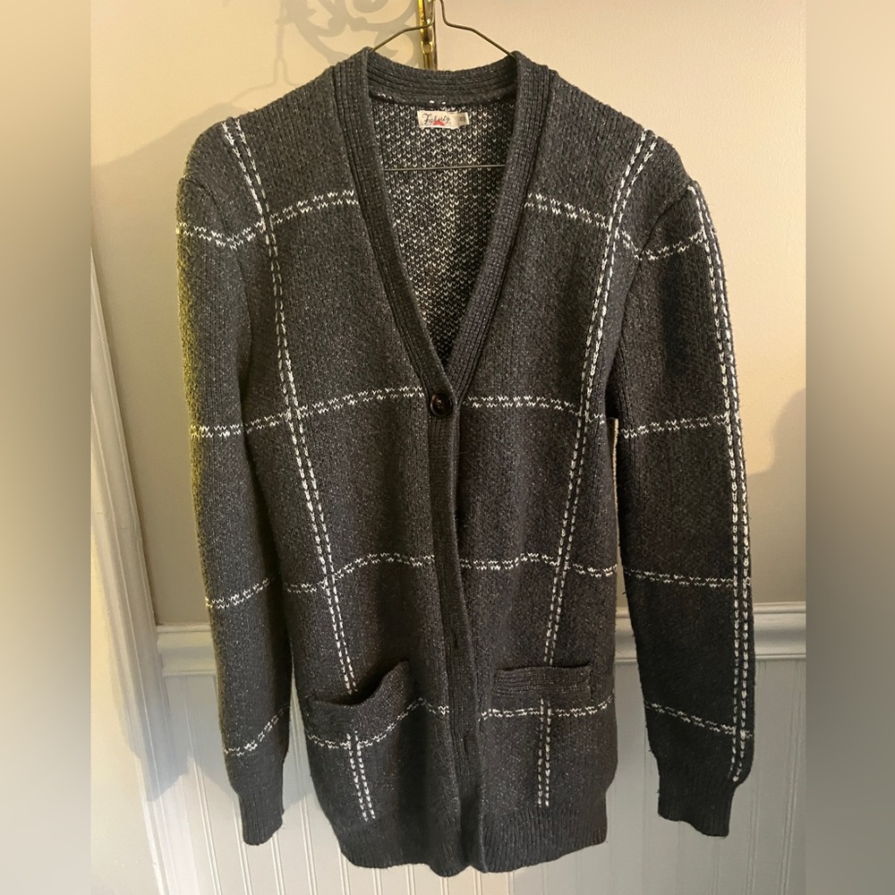 Faherty Thick Knit Cardigan — Charcoal Grey Windowpane, Button Front, XS